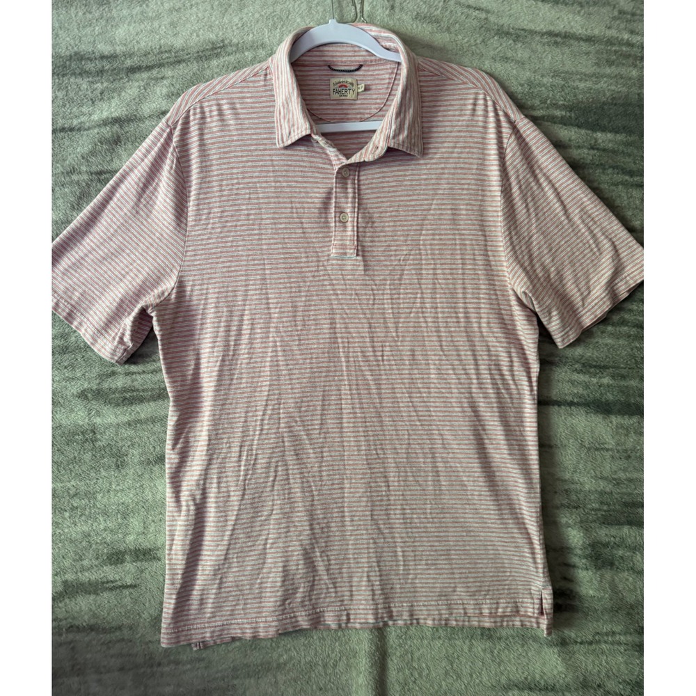 Faherty Brand Mens XL Short Sleeve Striped Polo Shirt Pink Orange Grey Coastal